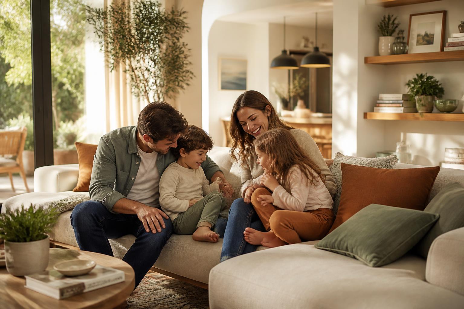 Parents and two children together in a warm, modern living room