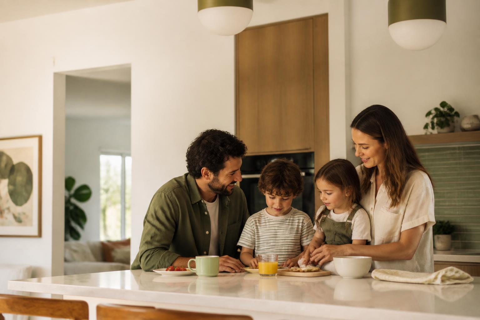A family gathered around a kitchen island in a bright modern home