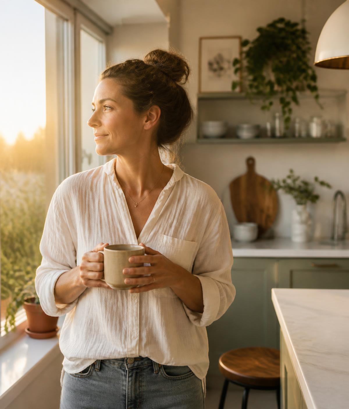 A woman with a coffee in a sunlit kitchen at the start of her day